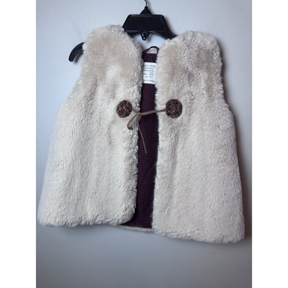 Zara Outerwear Collection Vest Ivory Faux Fur Tie Front Check Lining 3/4 yrs - Picture 4 of 10